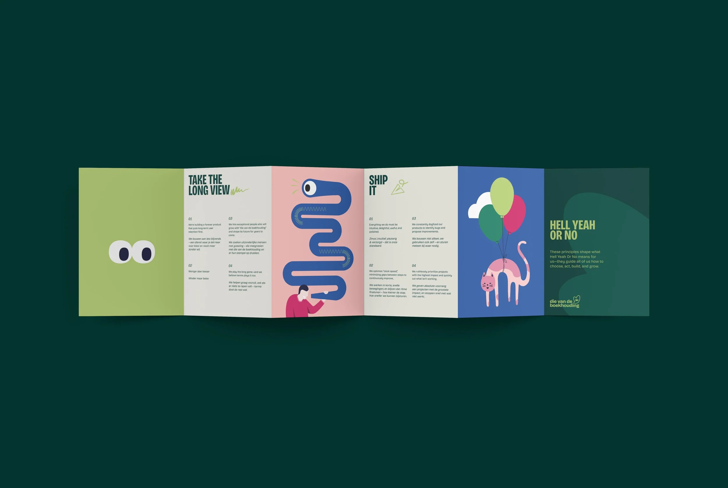 A colorful brochure with cartoon illustrations and text about a creative project, featuring a green face with eyes, a snake, balloons, and a cat.