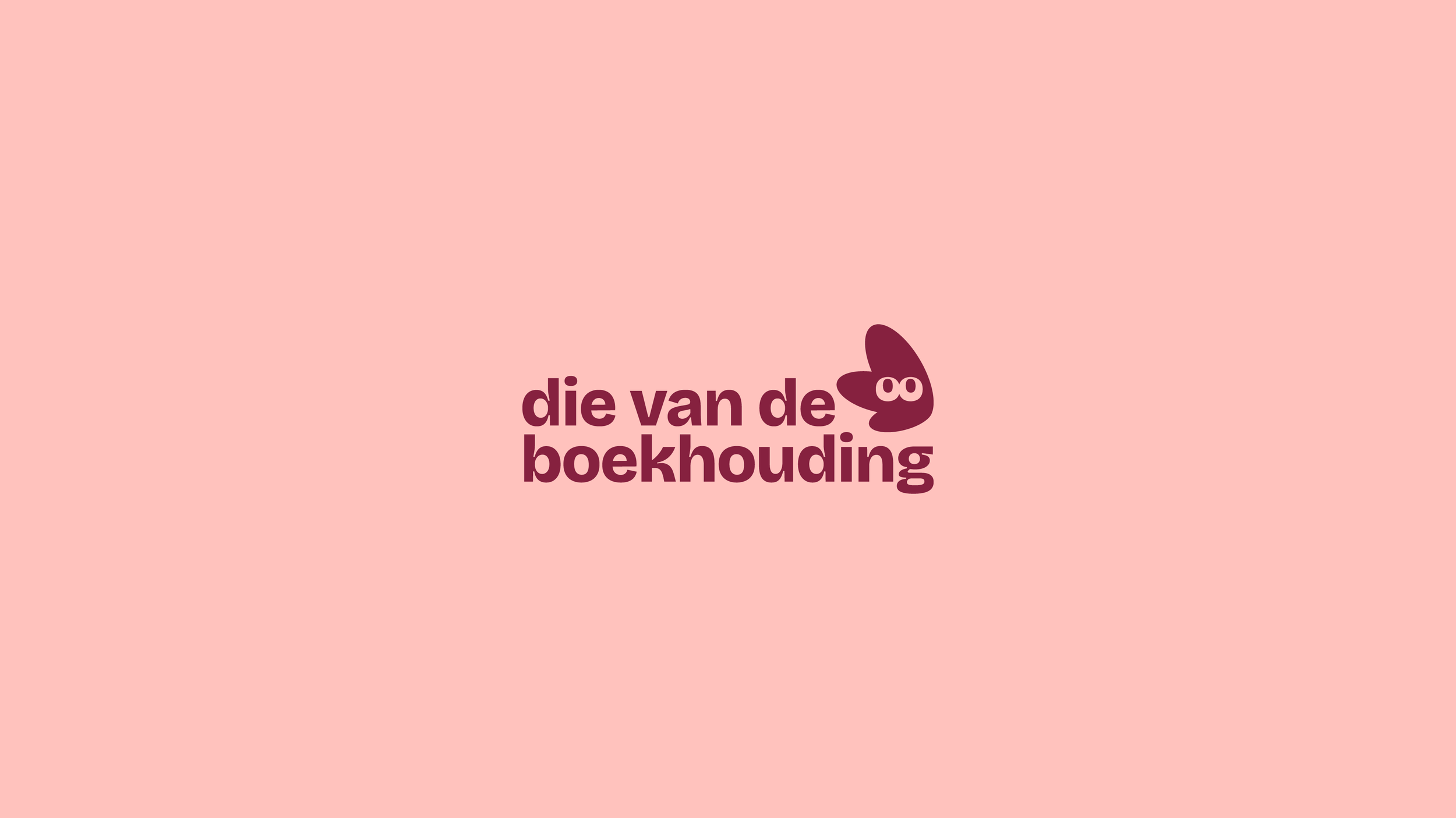 A pink background with a logo featuring a stylized butterfly with eyes, and text that reads 'die van de boekhouding' in dark red.