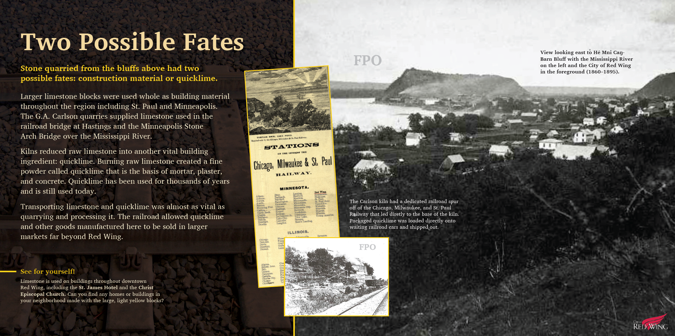 Historical black-and-white photograph of a river and town with hills in the background, with overlaid text about early construction materials used in Red Wing, Minnesota, including limestone and quicklime, and historic trains and buildings.