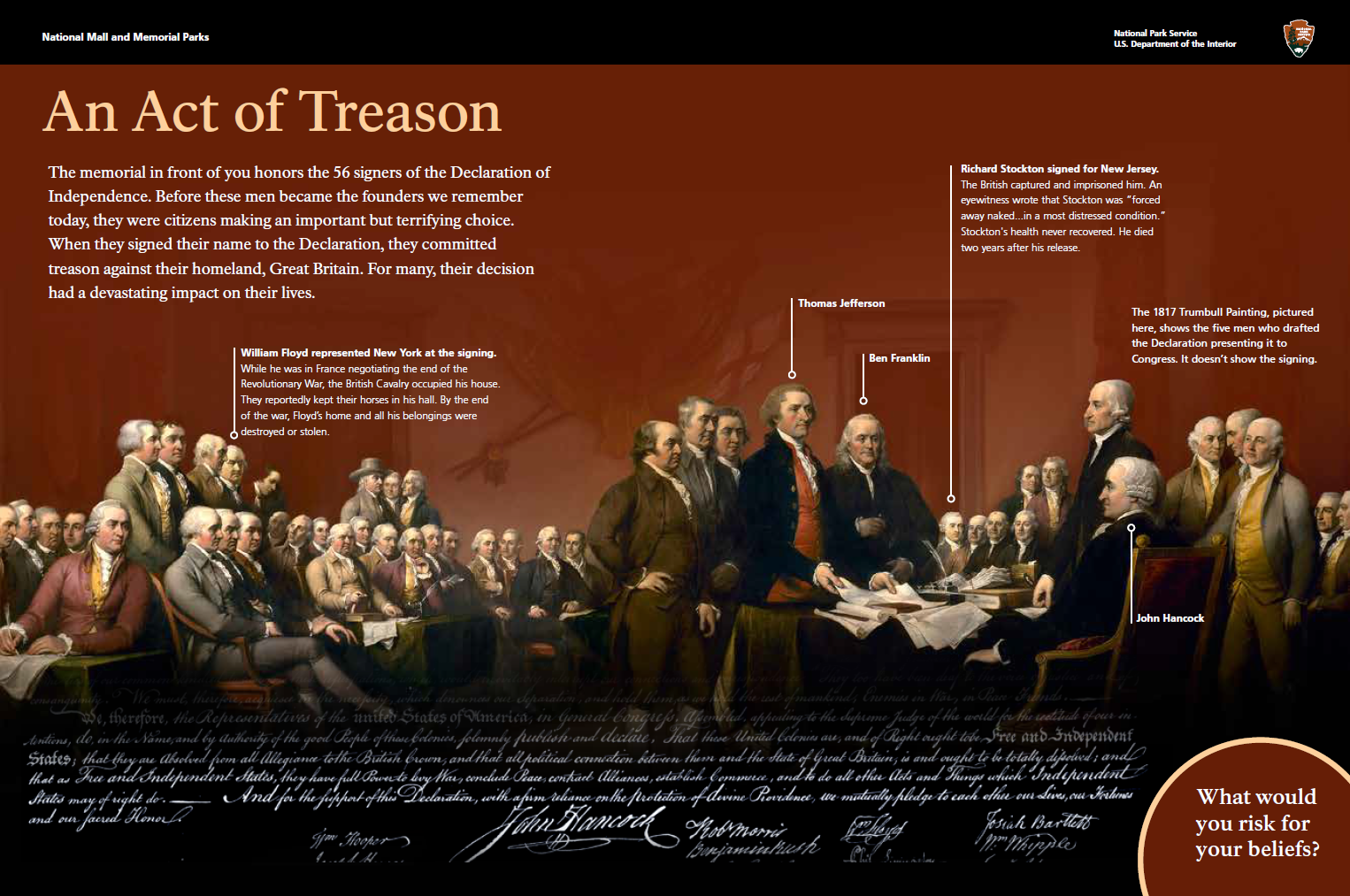 Painting of the signing of the Declaration of Independence, with key individuals such as John Hancock, William Floyd, Richard Stockton, Thomas Jefferson, Ben Franklin, and John Hancock. The image includes descriptions of their roles or actions during the event and a quote at the bottom. There is a question in a brown circle asking, "What would you risk for your beliefs?"