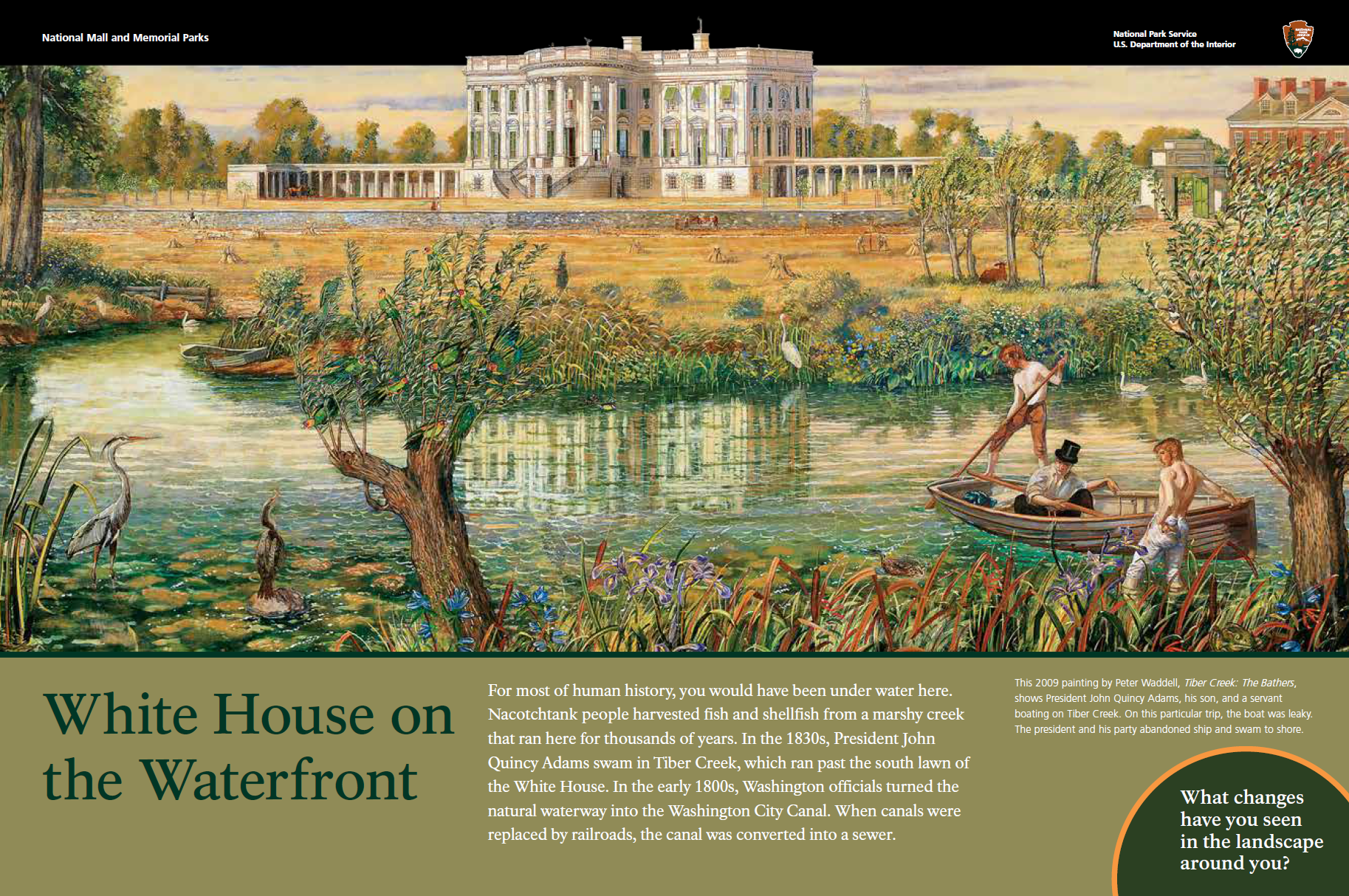 Painting of the White House on the waterfront with a marshy creek in the foreground, trees, and people in boats and on the shore, with a large historic building in the background.