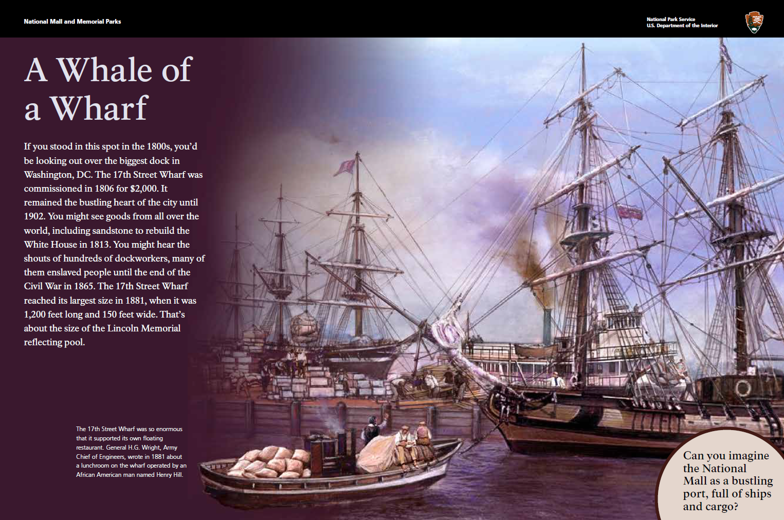 Painting of ships docked at the 17th Street Wharf in Washington, D.C., with a large sailing ship between two smaller boats, and smoke rising from a nearby factory in the background.