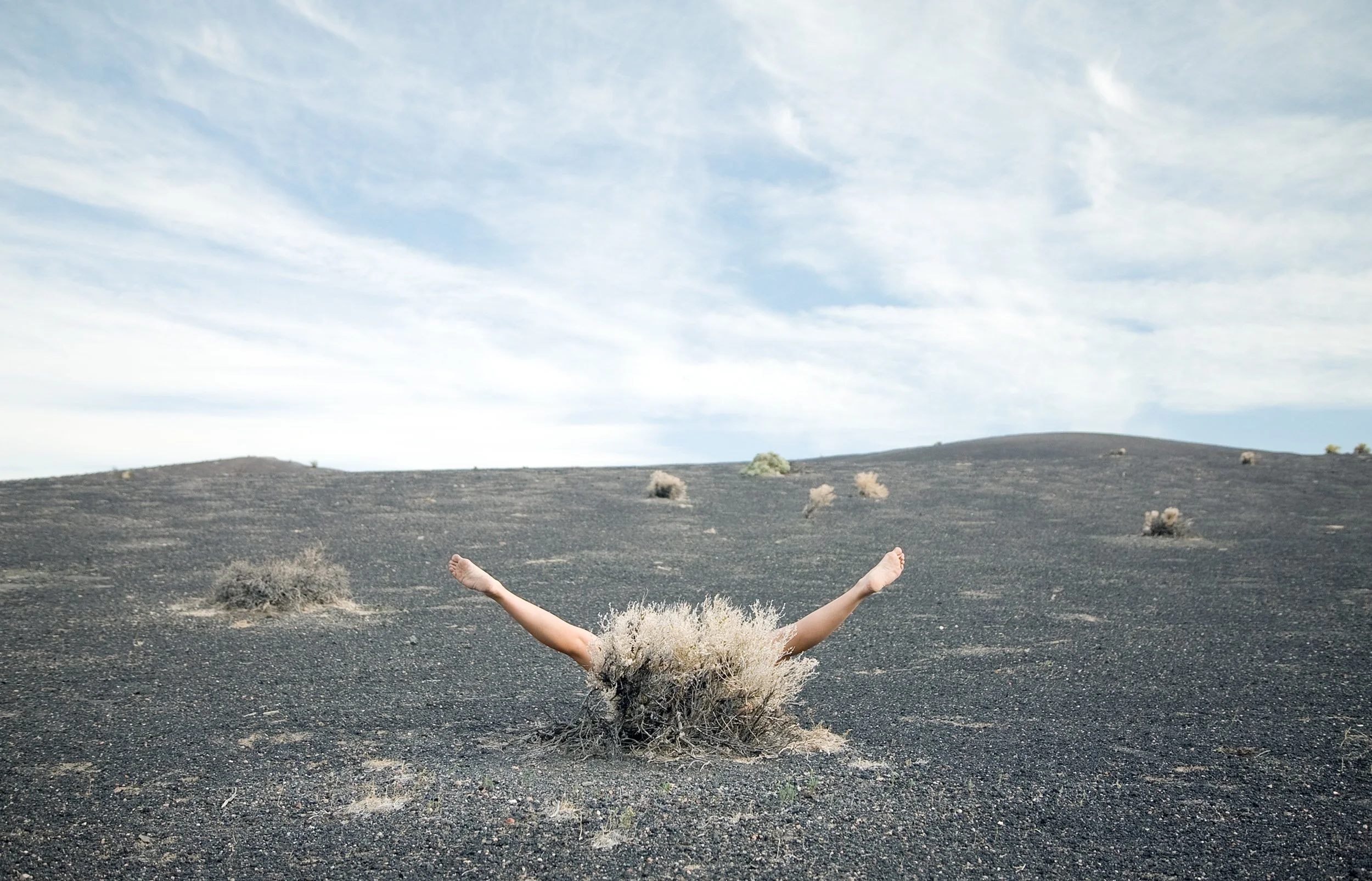 Person lying face down on rocky desert terrain, with arms spread out and head obscured by bush, in a barren landscape under a cloudy sky.