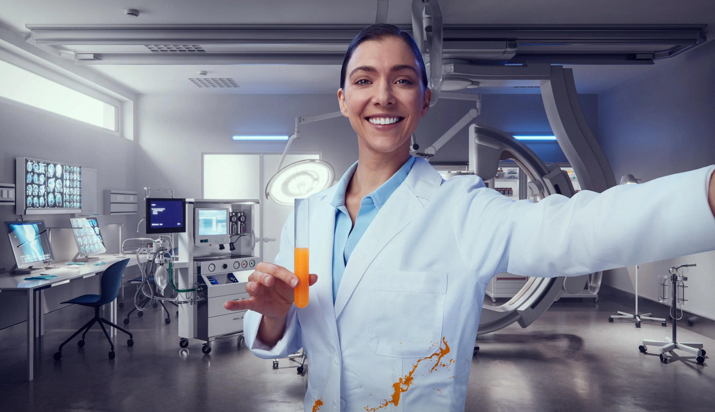 A smiling female scientist in a white lab coat taking a selfie in a modern medical laboratory, holding a test tube with orange liquid, with medical equipment and monitors in the background.