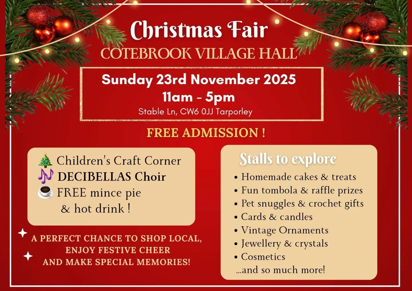 We&rsquo;re so excited to welcome you to Cotebrook Village Hall on Sunday 23rd November for a festive day filled with local stalls, handmade gifts, treats, crafts, and Christmas cheer! 💫

🛍 Come support amazing small businesses, enjoy some mince pi