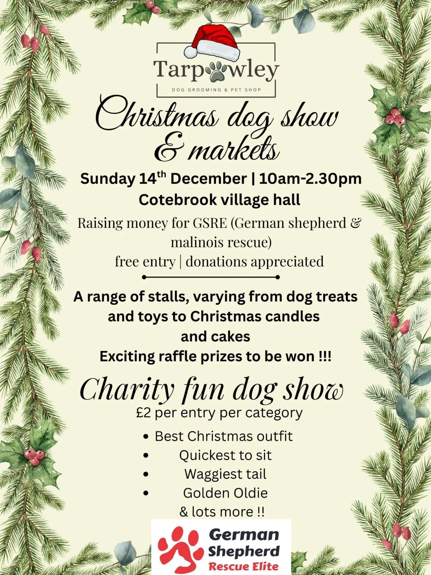🎄Shout-out to one of our lovely hall hirers! 🎄
We&rsquo;re excited to support the upcoming Christmas Dog Show &amp; Markets hosted by @tarpawley Grooming &amp; Pet Shop!

📅 Sunday 14th December
🕙 10am &ndash; 2:30pm
📍 Cotebrook Village Hall

Thi