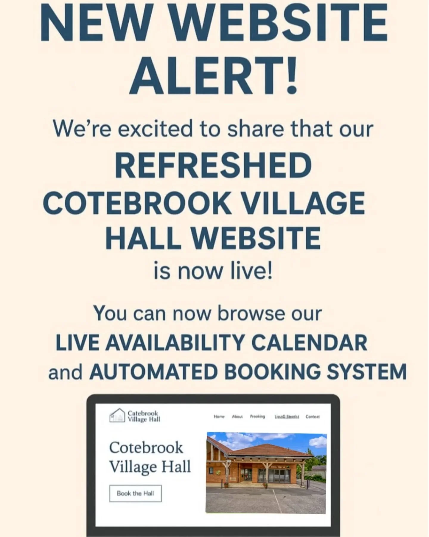 We&rsquo;re delighted to announce the launch of our updated Cotebrook Village Hall website.
A big thank you to Cath from Wave Marketing for her excellent work on the redesign.

The site now features a real-time availability calendar and an automated 