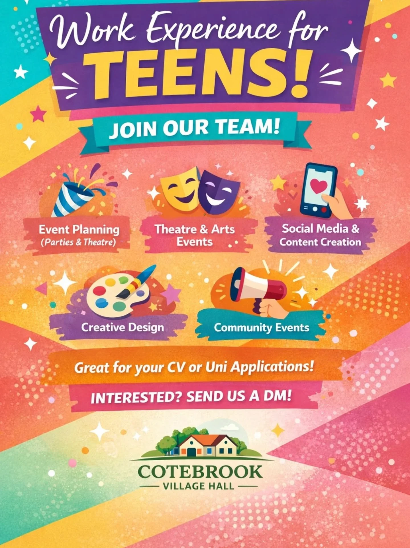Calling teens &amp; young people! 🙌
Volunteer opportunities in events, arts, design &amp; social media at Cotebrook Village Hall.
Perfect for work experience and your CV.
💬 Message us to join!