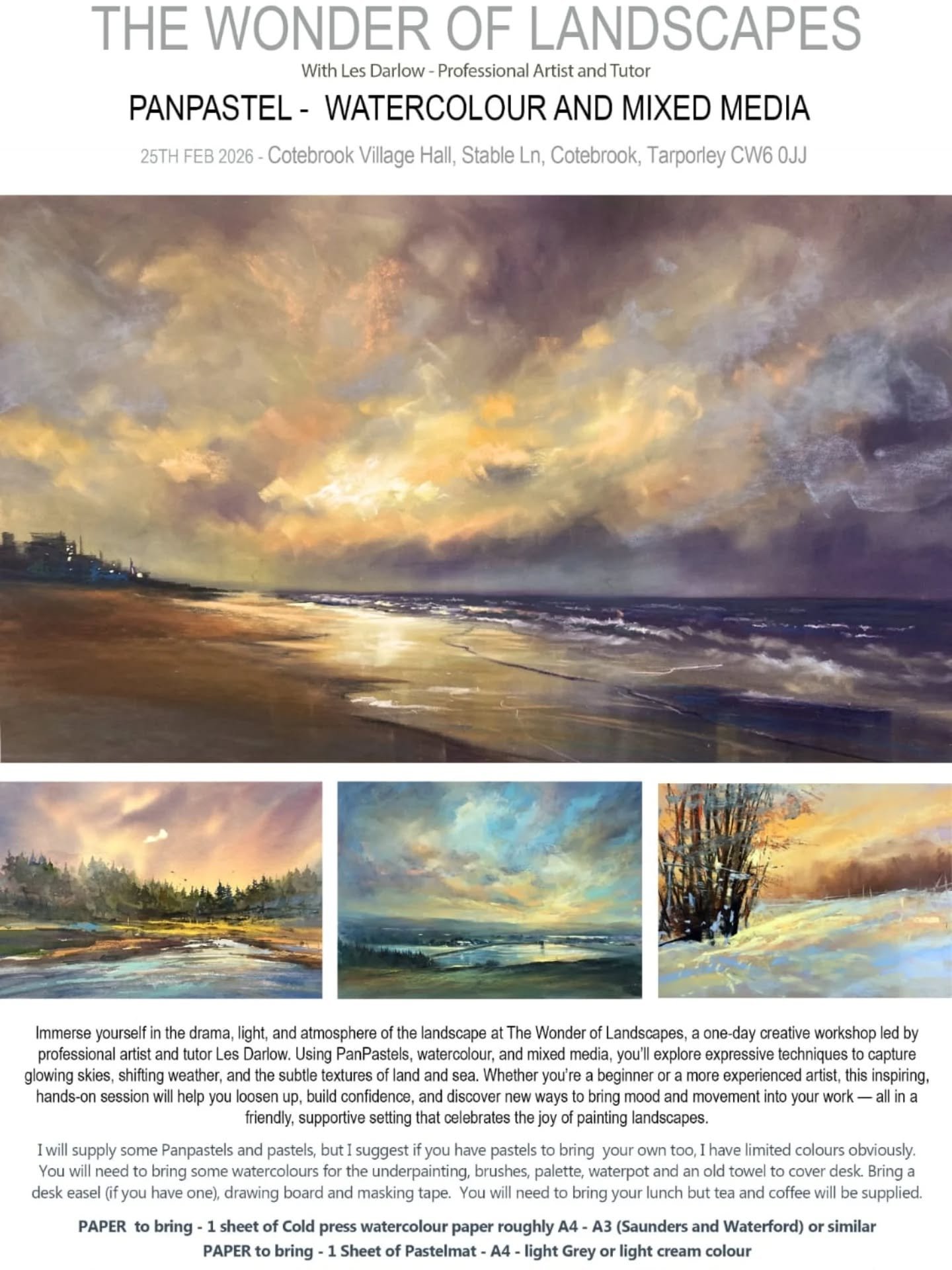 Ready to paint beyond the photograph?

Join Les Darlow, Professional Artist, for monthly painting classes at Cotebrook Village Hall.
Learn how to paint more expressively, creatively, and with confidence &mdash; no rigid rules, no pressure.

A friendl