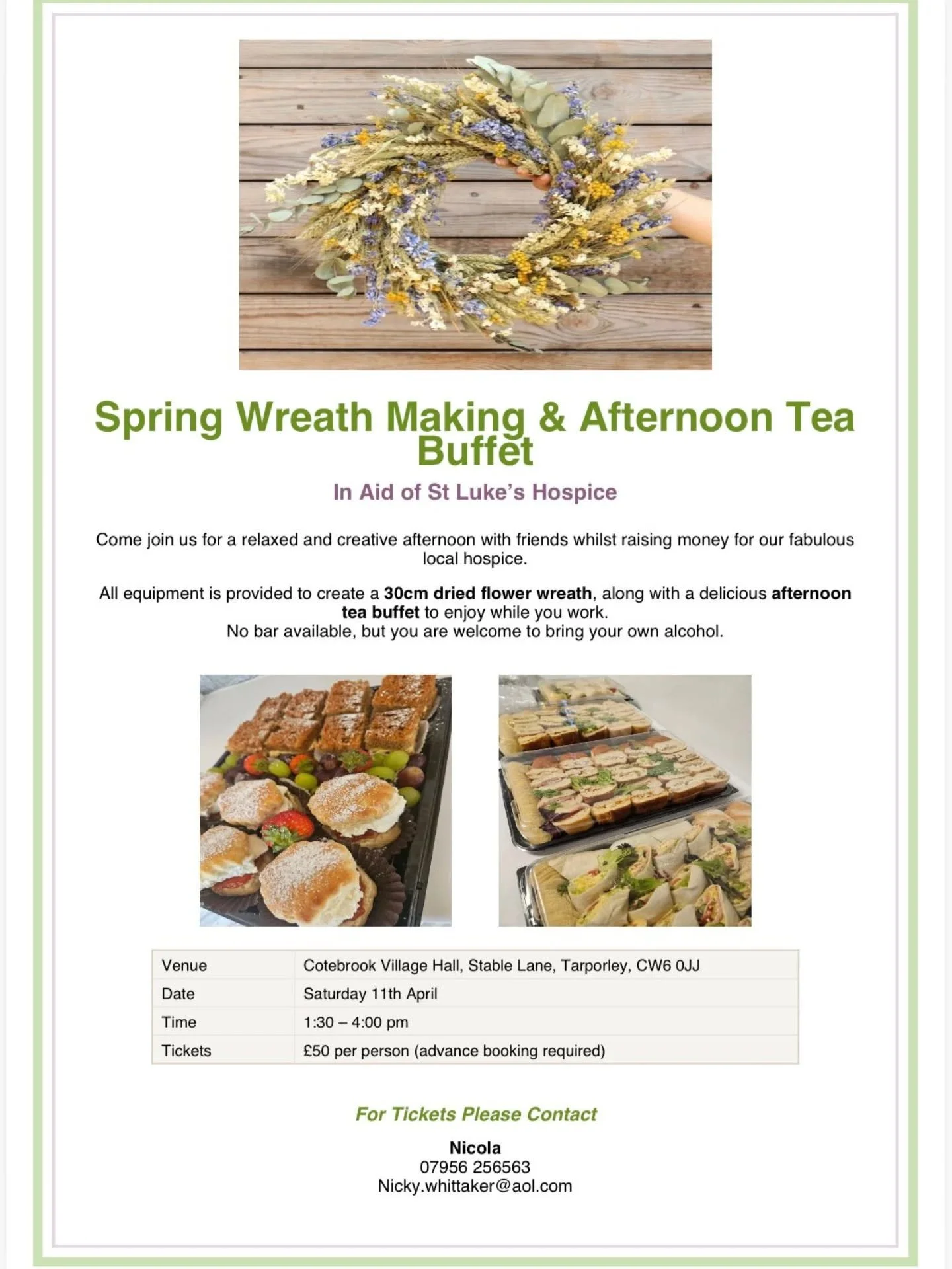 🌿Spring Wreath Making &amp; Afternoon Tea 🌿

We&rsquo;re delighted to be hosting this fantastic event our Hall. 

Join in for a relaxed, creative afternoon, making a beautiful dried flower wreath, while enjoying a delicious afternoon tea buffet &md