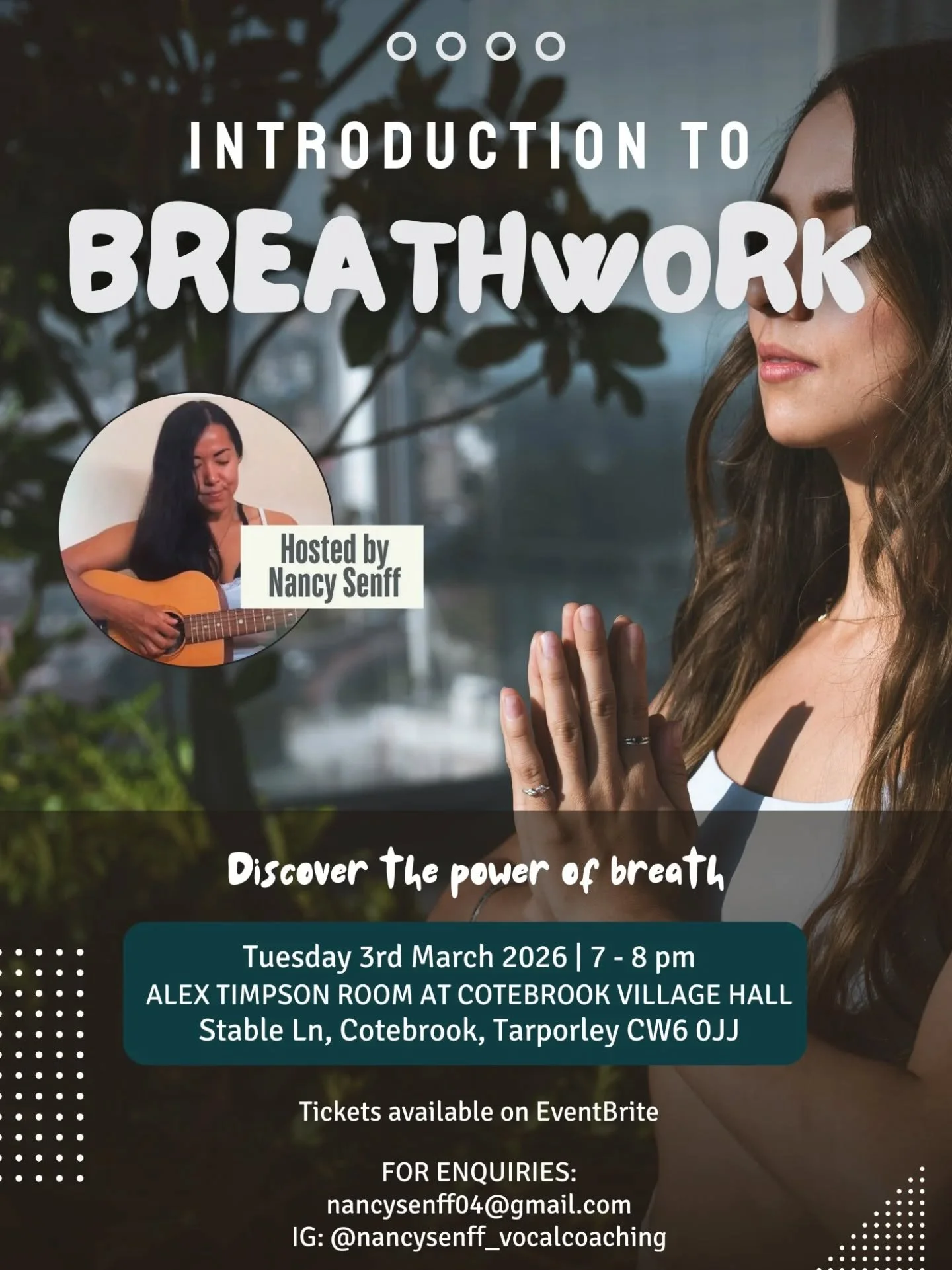 ✨ Another Fantastic Regular Class Starting in Our Hall! ✨

We&rsquo;re delighted to be welcoming a new Introduction to Breathwork session at Cotebrook Village Hall, led by one of our brilliant hirers 🌿

A calming and uplifting class focused on relax