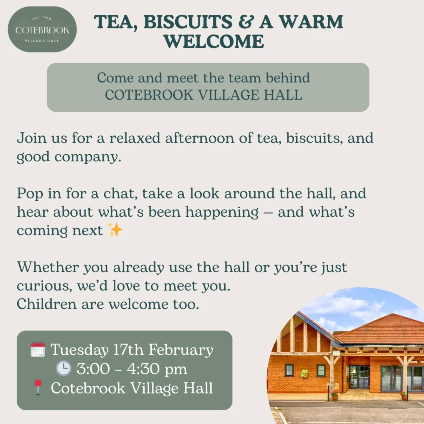 Our doors are open 💚
TUESDAY 17th February 3pm

Come and spend a little time with us &mdash; relaxed, friendly, and welcoming.