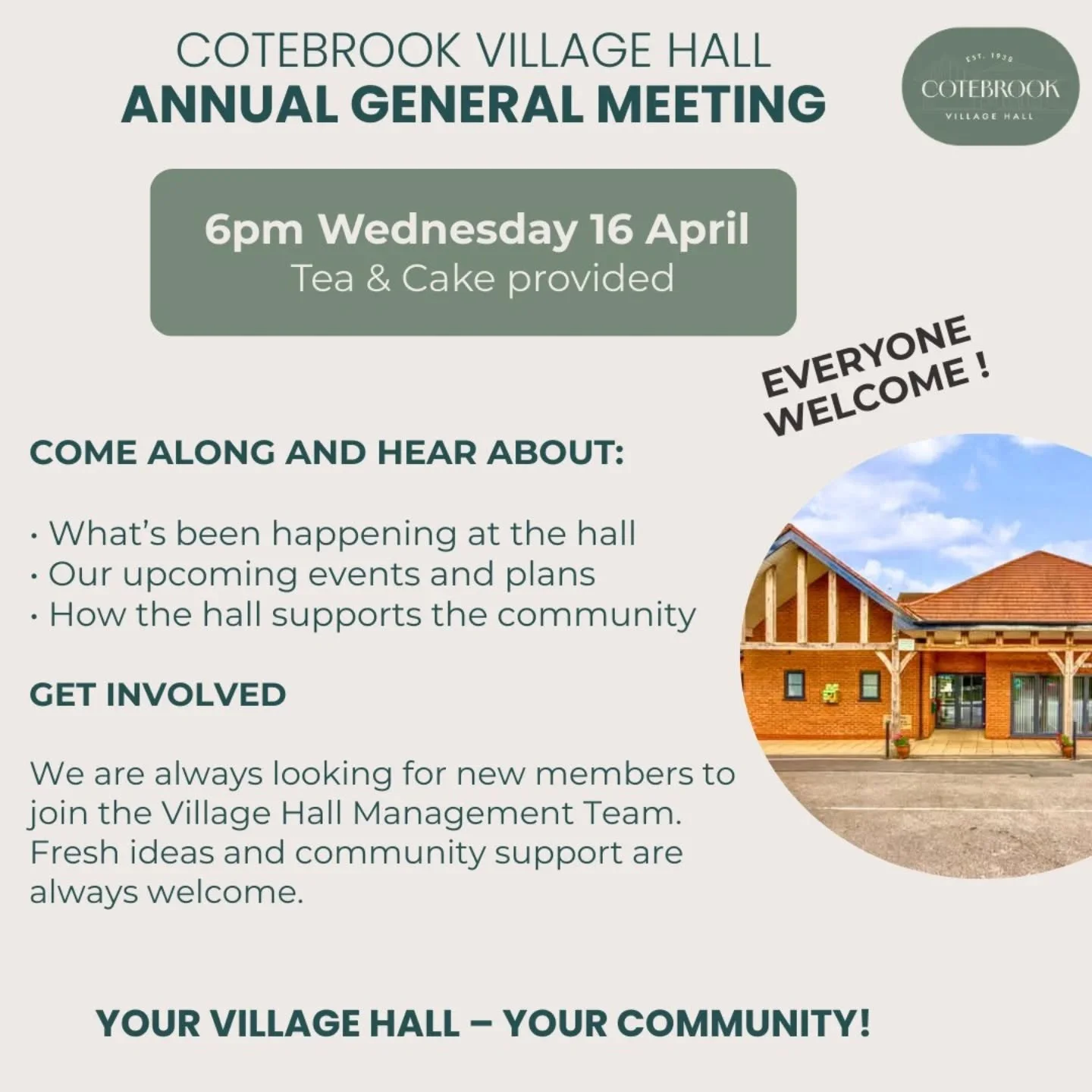 Everyone welcome!
Cotebrook Village Hall AGM
📅 Wed 16 April | 🕕 6pm

Hear what&rsquo;s been happening, what&rsquo;s coming next, and enjoy tea &amp; cake with us.