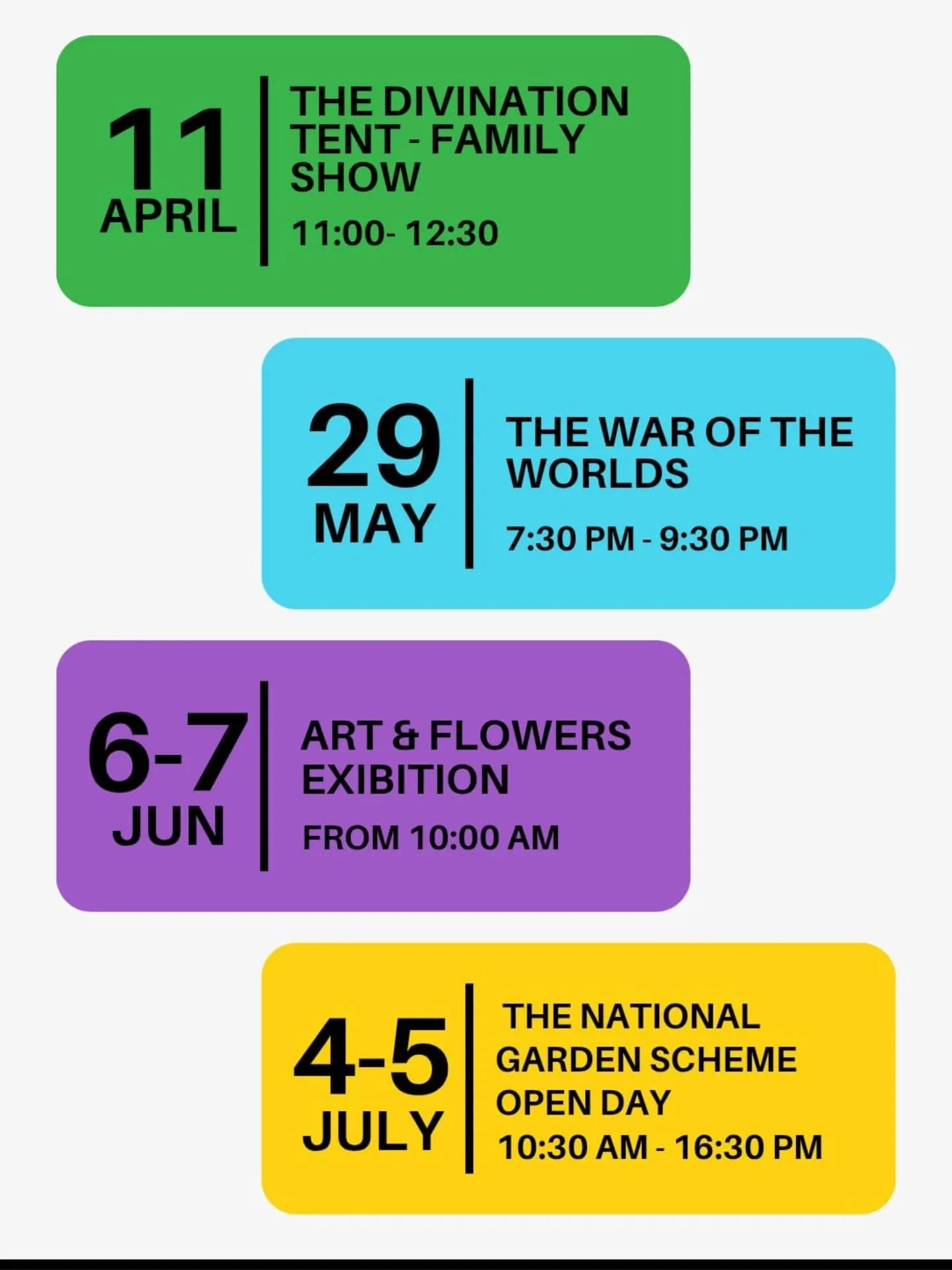 📅 Save the Dates &ndash; Upcoming Events at the Village Hall!

We&rsquo;ve got a fantastic line-up of events coming in 2026 &ndash; there&rsquo;s something for everyone, from family shows and theatre to art and beautiful gardens. Make sure these dat