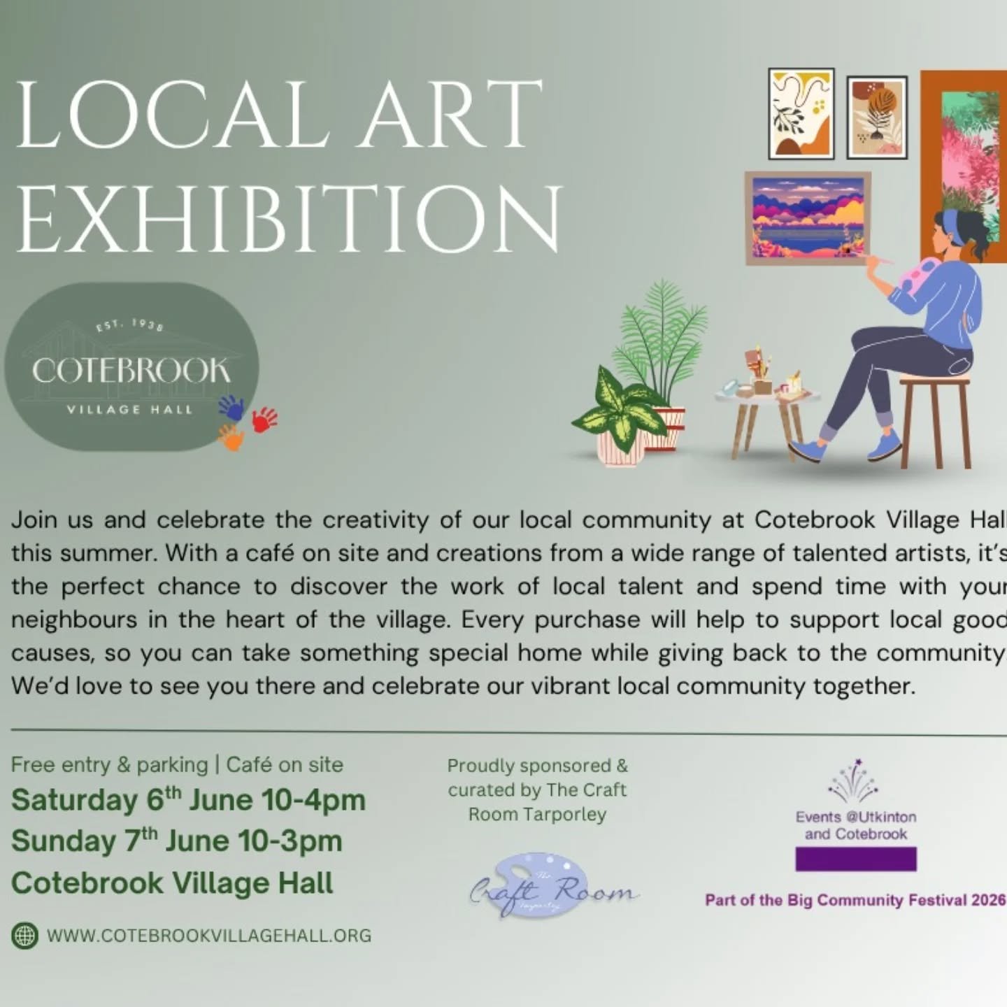 We&rsquo;re excited to welcome you to our Local Art Exhibition at Cotebrook Village Hall this June 🎨
Come along to discover amazing local talent, enjoy a caf&eacute; on site, and support great community causes.
Free entry &amp; parking &ndash; we&rs