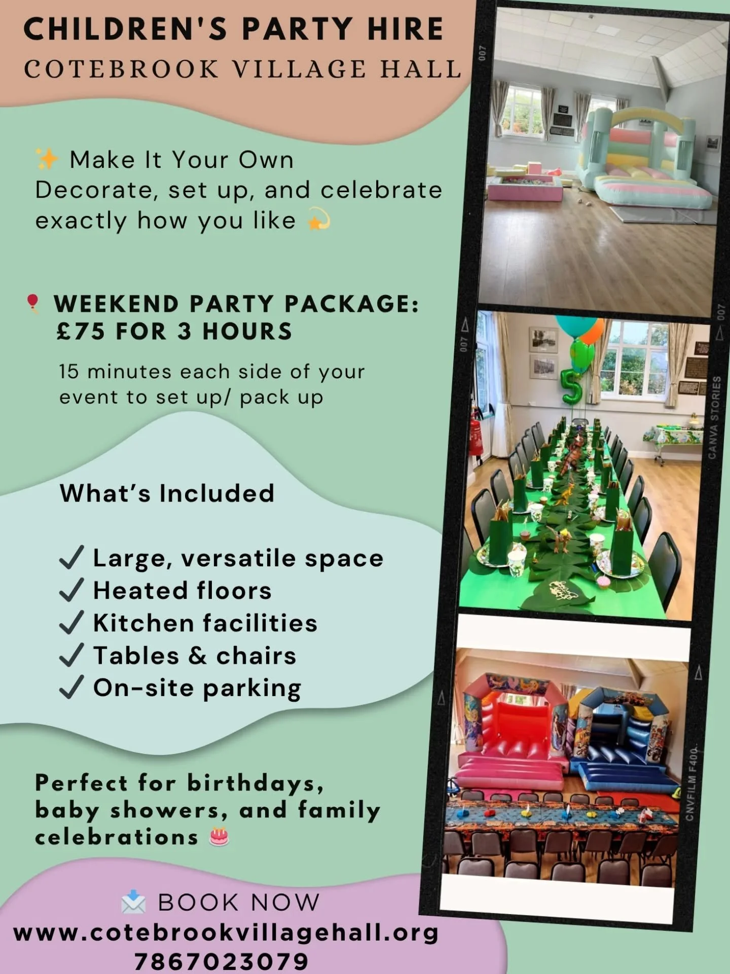 🎂 Stress-free parties start here!
Spacious, warm, and ready for your ideas
✨ &pound;75 for 3 hours
Secure your date today!
www.cotebrookvillagehall.org