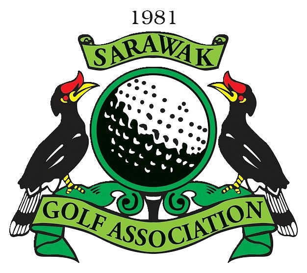 The logo of Sarawak Golf Association features two black hornbills facing each other, a central golf ball in a green circle, and banners with the text "SARAWAK GOLF ASSOCIATION" and the year "1981" at the top.