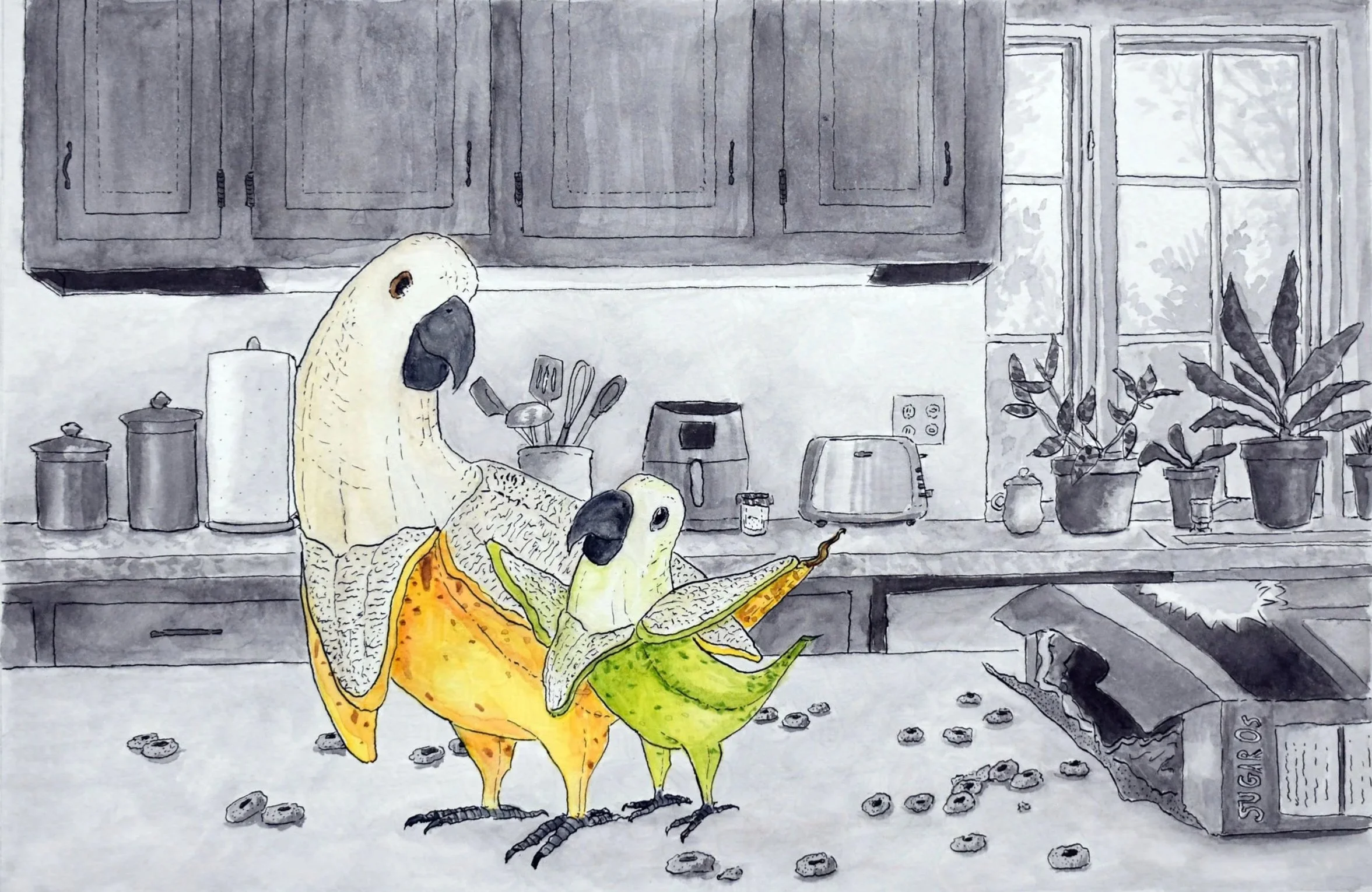 A pair of birds made from bananas in a kitchen.