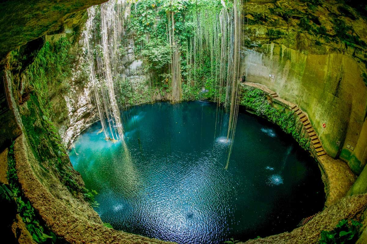 Underground cenote with clear blue water, surrounded by mossy rocks and lush greenery, with small cascading waterfalls from the ceiling.