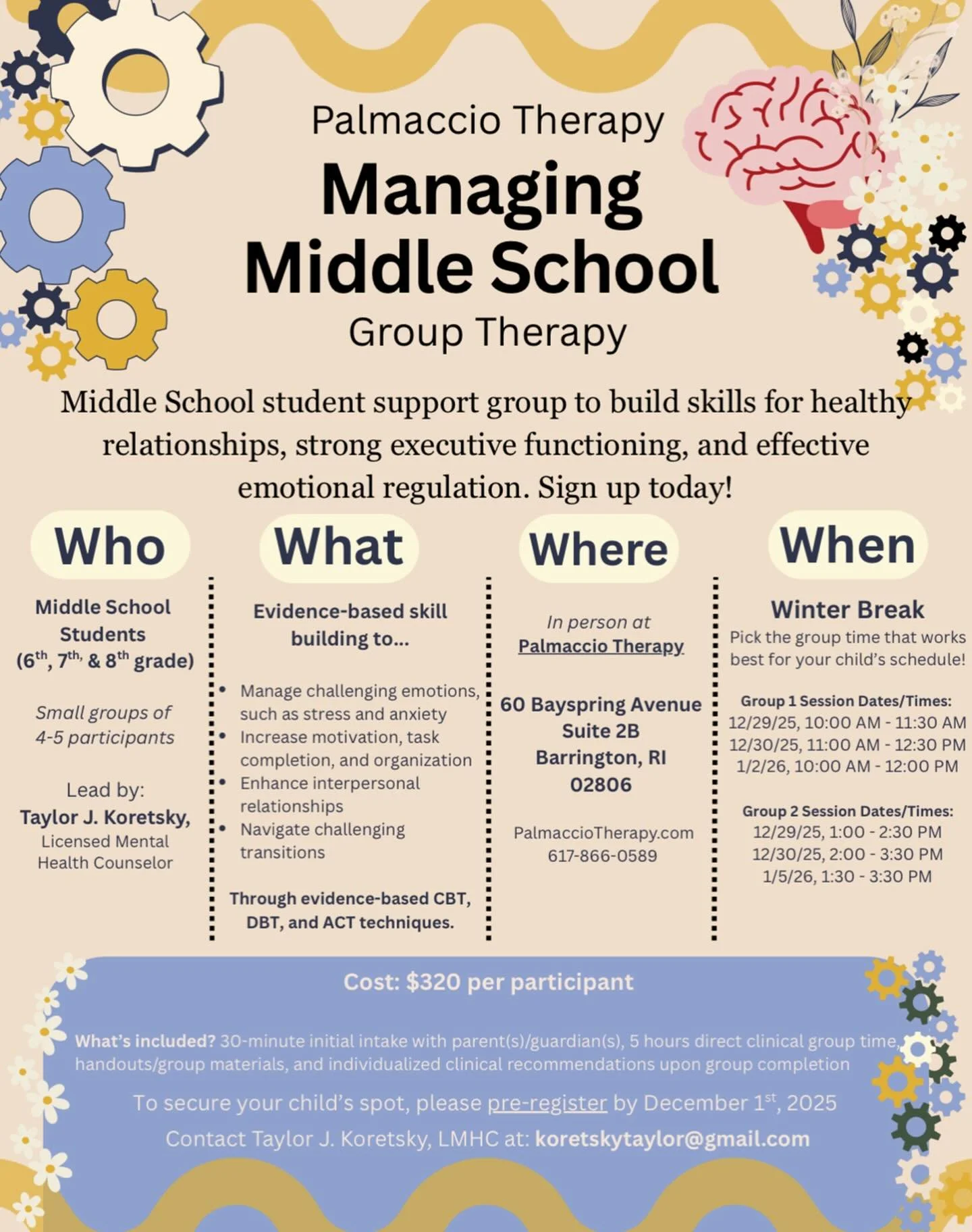 📣 Attention parents, guardians, teachers, and providers: This winter break I am pleased to announce my leadership of &ldquo;Managing Middle School,&rdquo; an evidence-based therapeutic group for 6th-8th grade students. If there is a middle schooler 