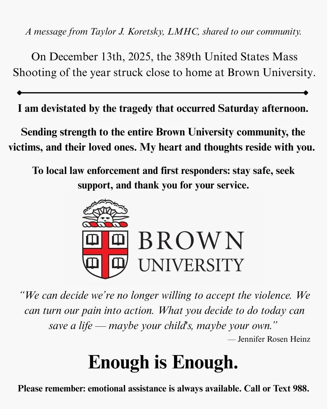 #BrownUniversity #EnoughIsEnough #CommunitySupport #MentalHealthMatters #EndGunViolence