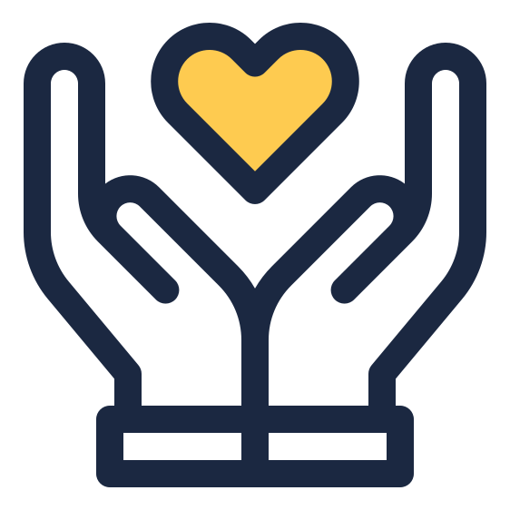 Outline drawing of two hands holding a yellow heart.