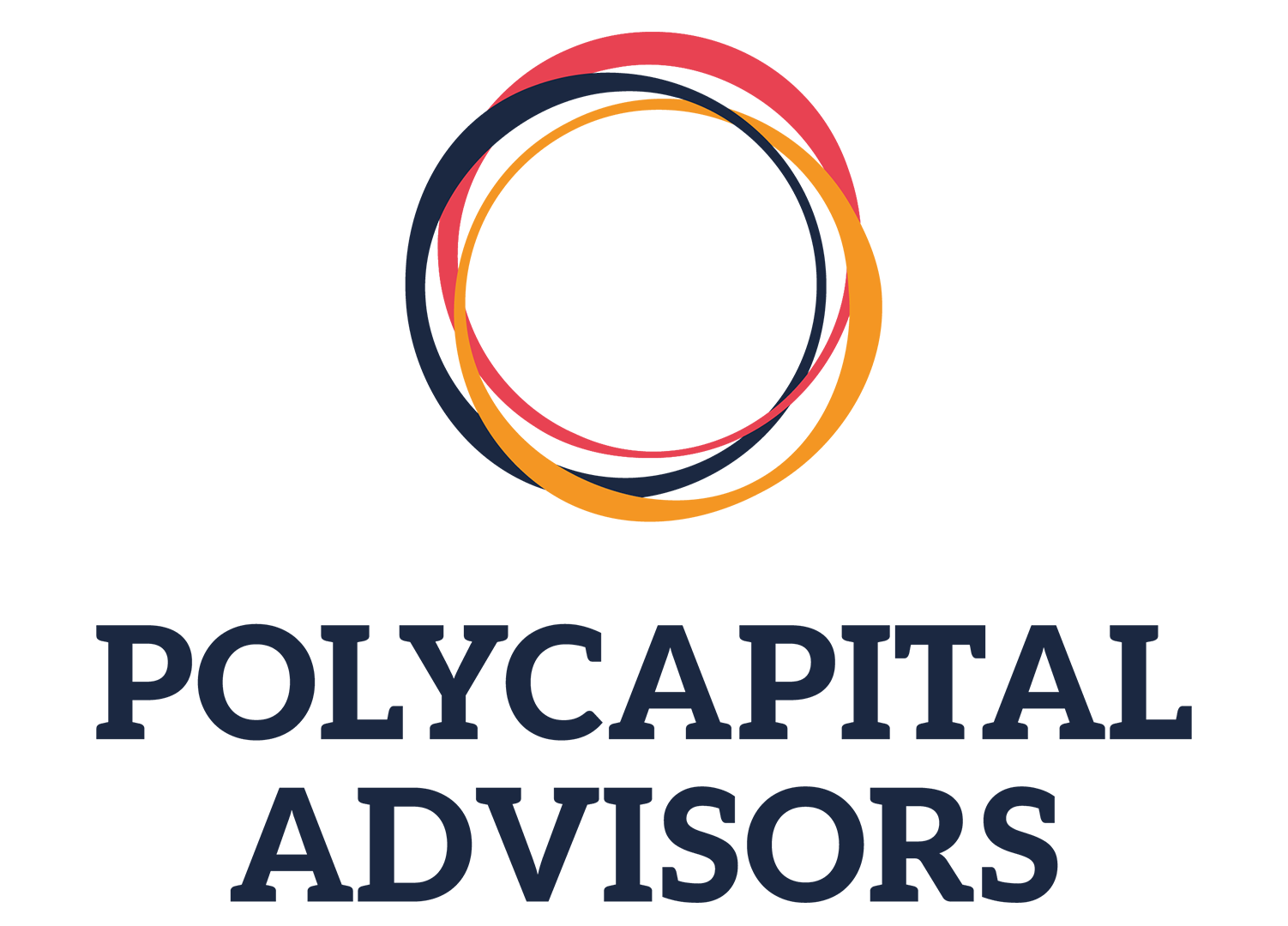 Logo for Polycapital Advisors featuring an abstract circular design with intertwined rings in red, orange, and navy blue, and the company name written below.