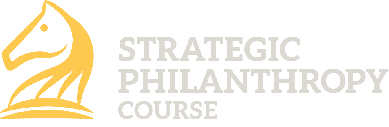 Logo for the Strategic Philanthropy Course, featuring a stylized yellow horse head on a gray background.