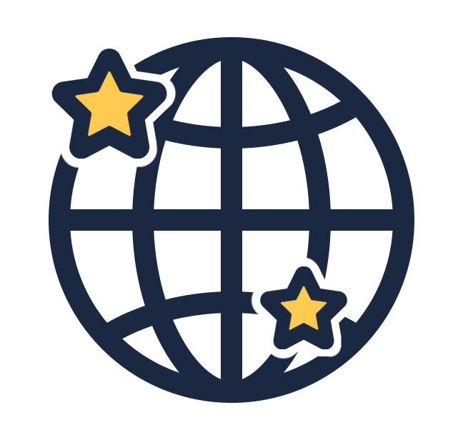 Icon of a globe with two stars connected to it.
