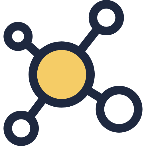 Simplified graphic of a molecule with a central yellow circle connected to four black circles with lines.