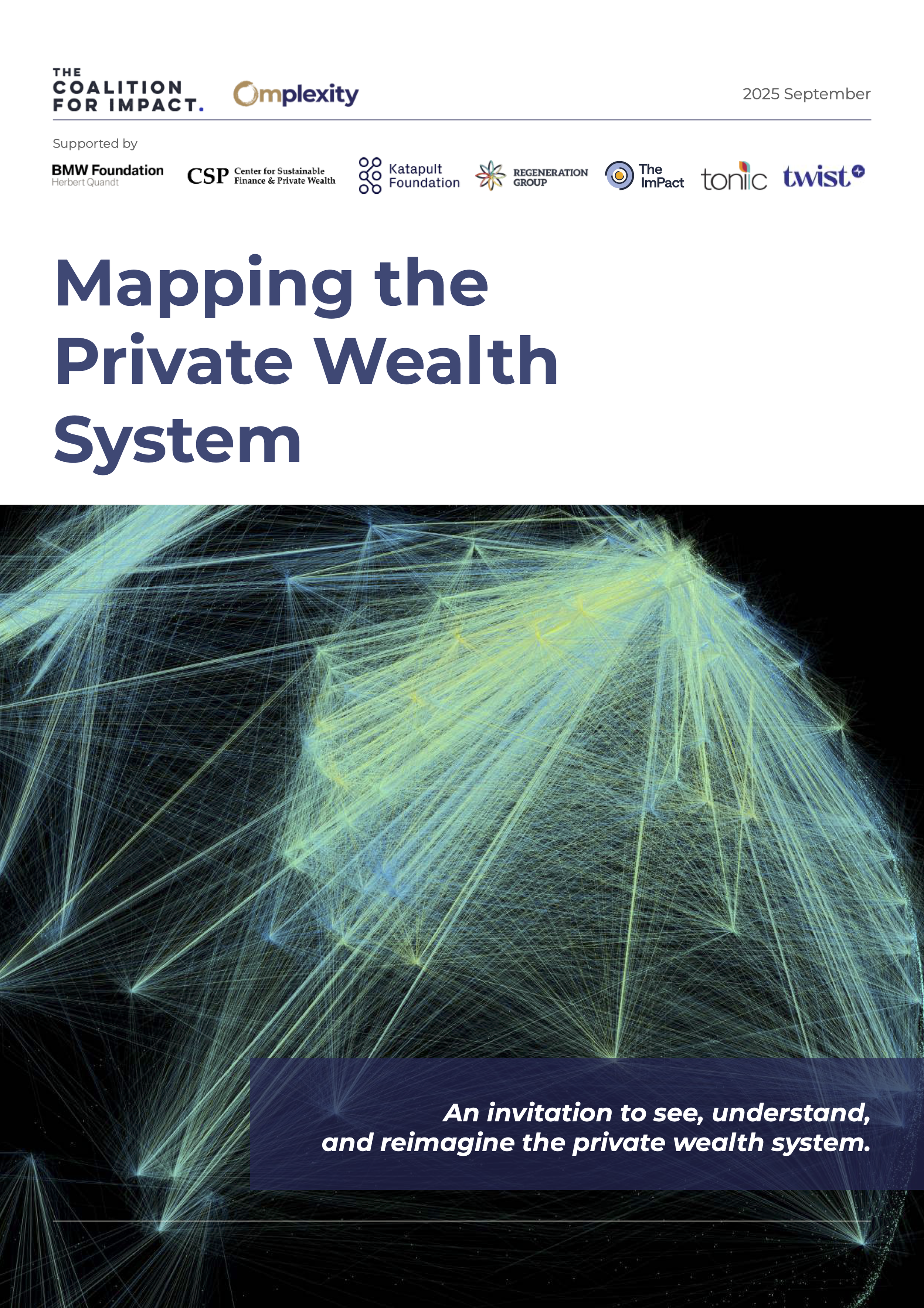 Cover page of a report titled 'Mapping the Private Wealth System' featuring a digital network graphic with interconnected glowing lines and nodes, and logos of various organizations including BMW Foundation, CSP, Katapult Foundation, Regeneration Group, The Impact, Tonic, and Twist.