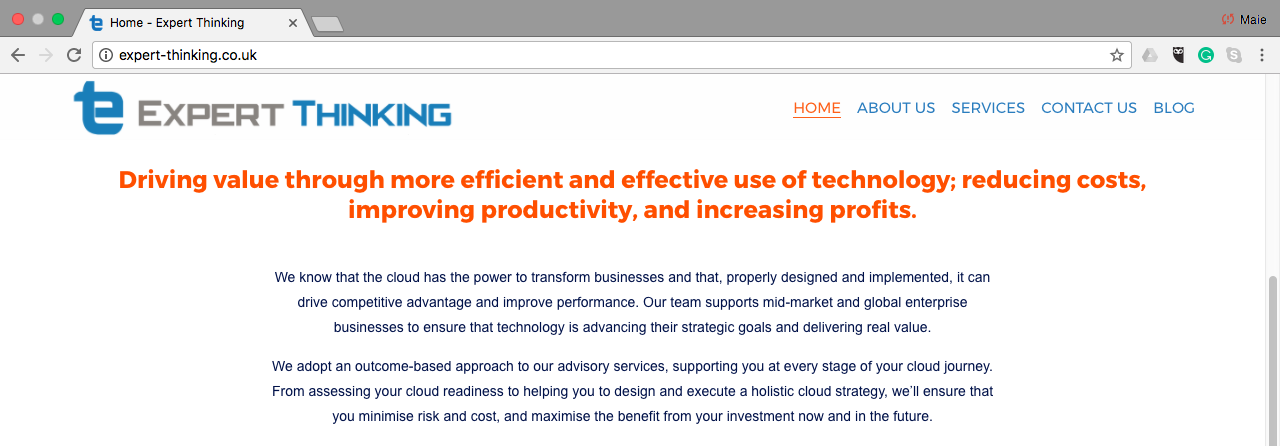 Screenshot of a website homepage for Expert Thinking, showing the company logo, navigation menu, and a headline in bold orange text about improving efficiency and profits through technology.