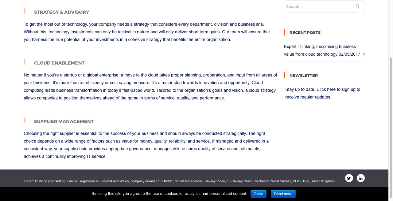 Screenshot of a business website with sections on strategy & advisory, cloud enablement, and supplier management, along with recent posts and a newsletter sign-up. Footer contains company information and social media icons.