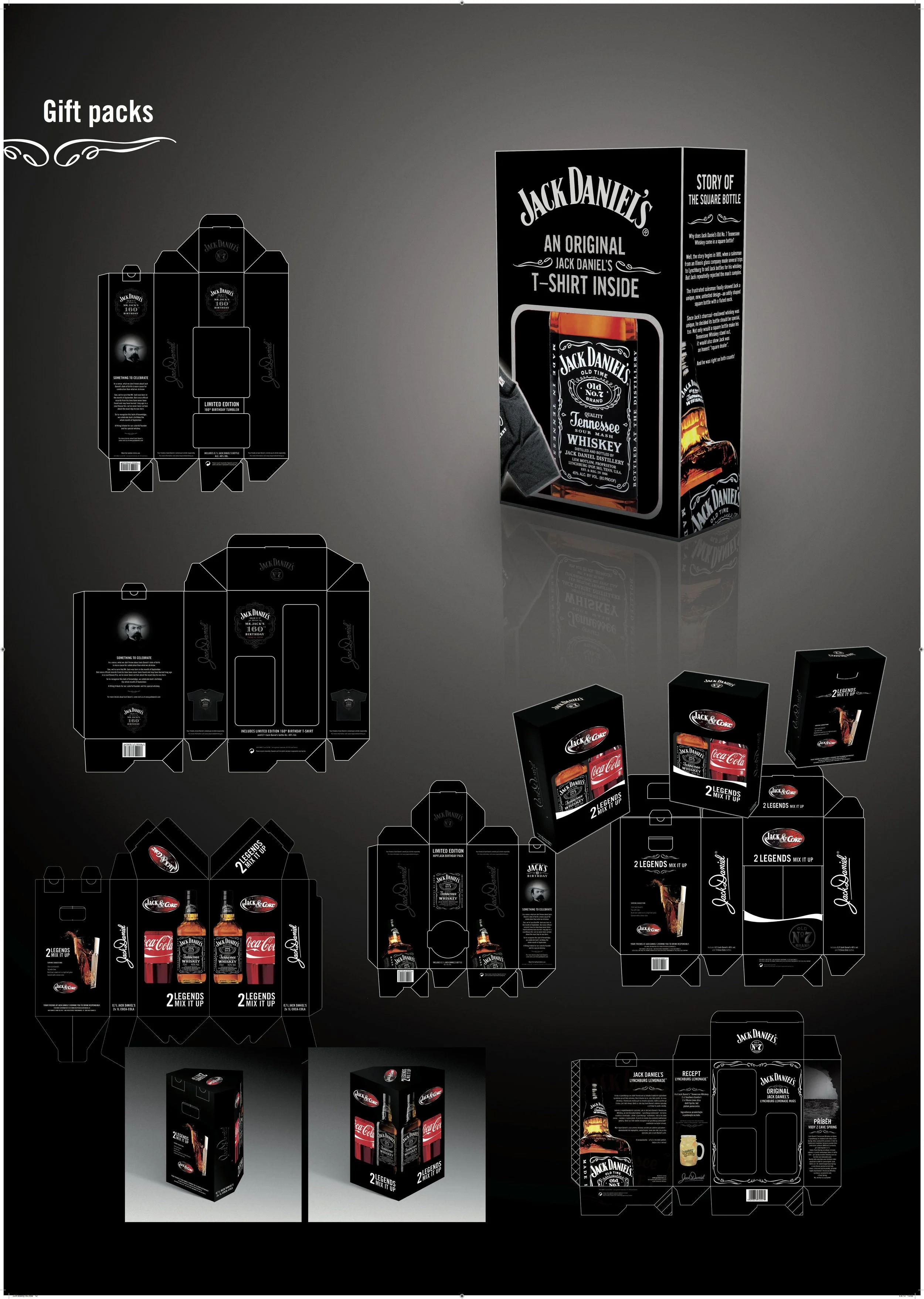 Display of Jack Daniel's gift pack packaging designs and boxes, including whiskey bottles, T-shirt, and soda cans.