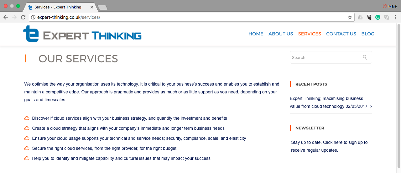 Screenshot of a website page titled "Our Services" from expert-thinking.co.uk, listing cloud and technology consulting services with a navigation menu on top including Home, About Us, Services, Contact Us, and Blog.