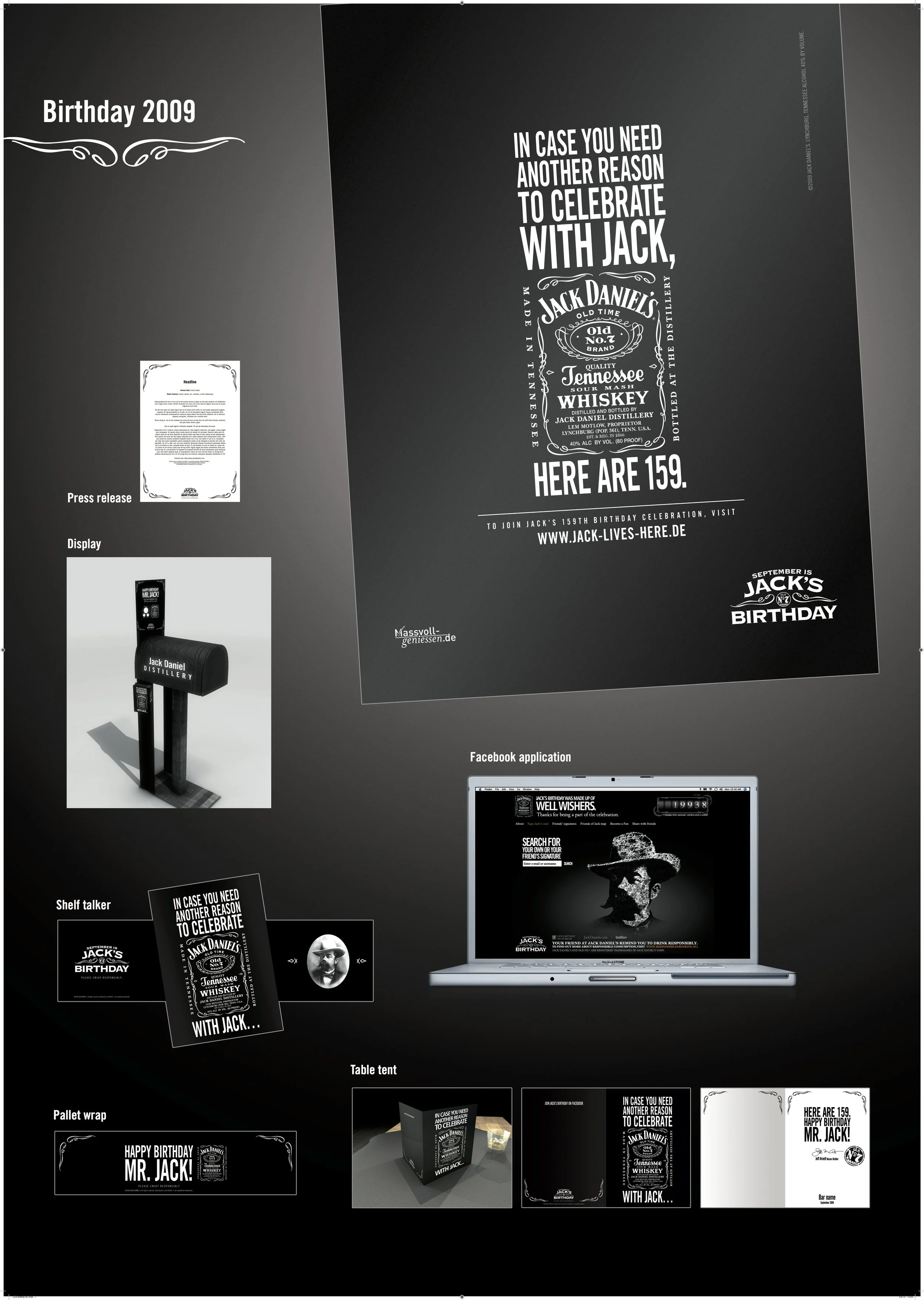 A display board with promotional content for Jack Daniel's whiskey celebrating Jack's 159th birthday in 2009, featuring a large poster, a Facebook application, a shelf talker, a table tent, a pallet wrap, and a small flyer.