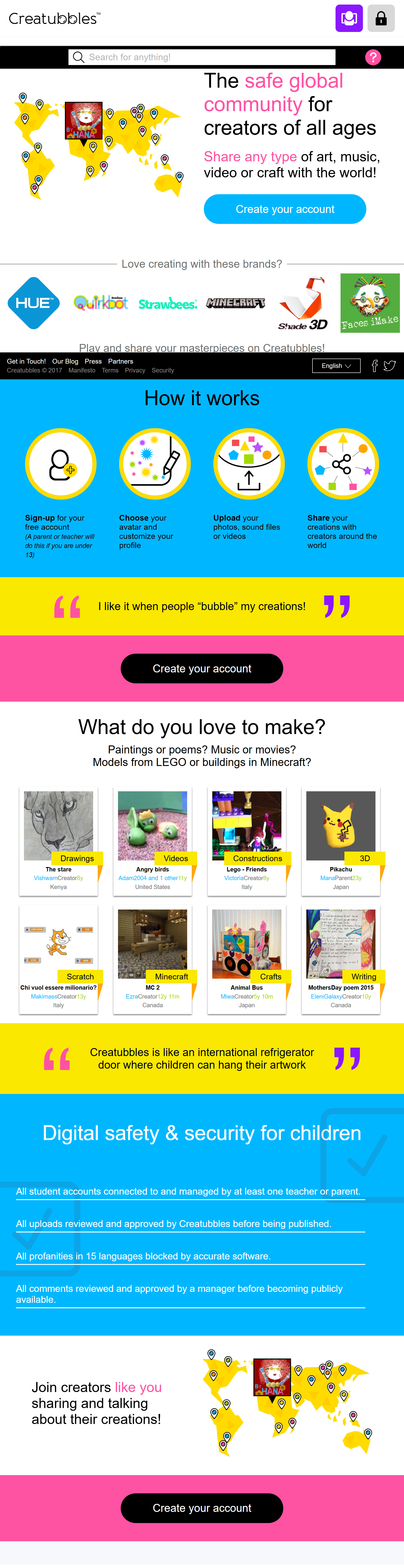 Screenshot of the Creatubbles website homepage showing a world map with pins, a text header promoting a safe global community for creators to share art, music, videos, or crafts, and sections explaining how the platform works, user testimonials, and a gallery of user creations including drawings, videos, models, and crafts.