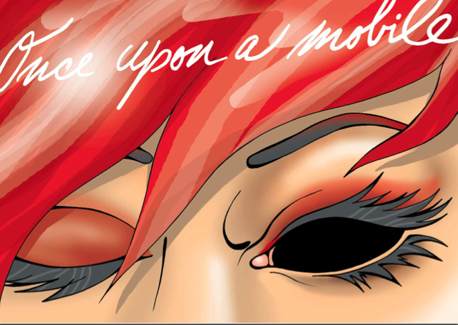 Close-up of an annual report featuring an anime-style character with red hair and closed eyes, part of the phrase 'Once upon a mobile' is visible at the top.