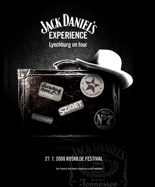 Black and white promotional poster for Jack Daniel's Experience Lynchburg on Tour at the Roskilde Festival on July 27, 2008, featuring a guitar case, a hat, and various stickers.