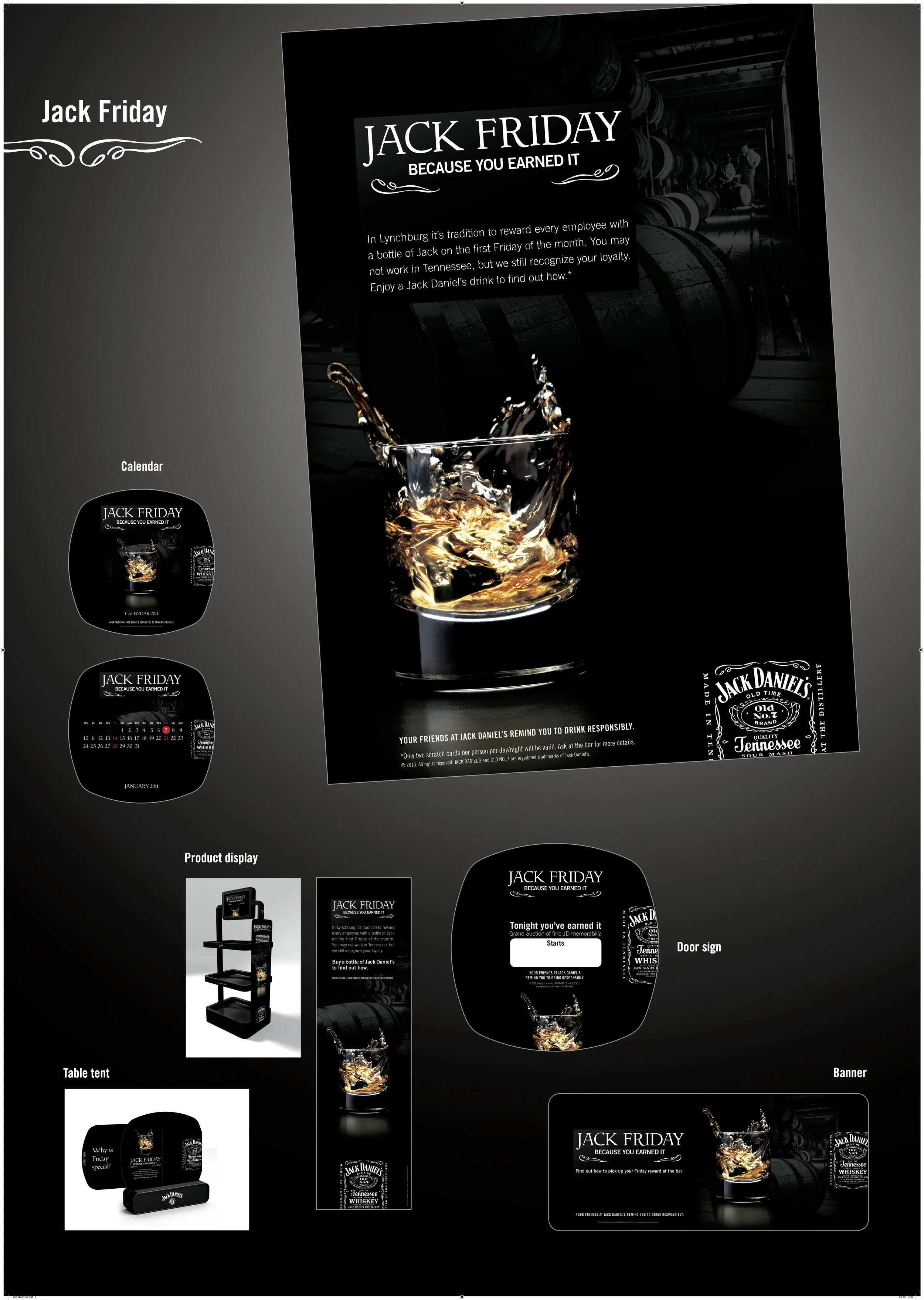 Promotional display for Jack Daniel's whiskey featuring a large poster with a splash of whiskey, a calendar, product shelf display, door sign, table tent, banner, and various packaging items, emphasizing Jack Friday celebration and responsible drinking.