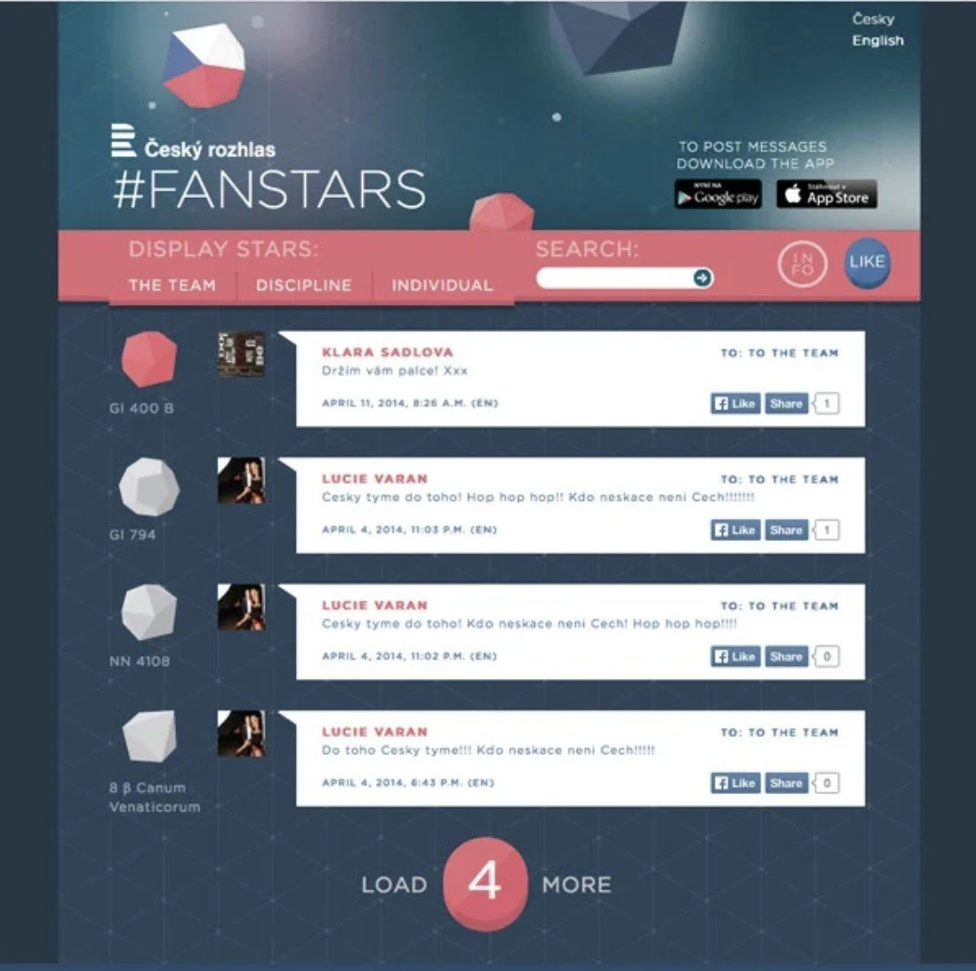 Screenshot of a mobile app called #FANSTARS for the Czech Radio, featuring a dark blue background with geometric shapes and a pink navigation bar. User messages from fans to the team are displayed, showing their usernames, messages, and timestamps. There are options to like, share, and load more messages.