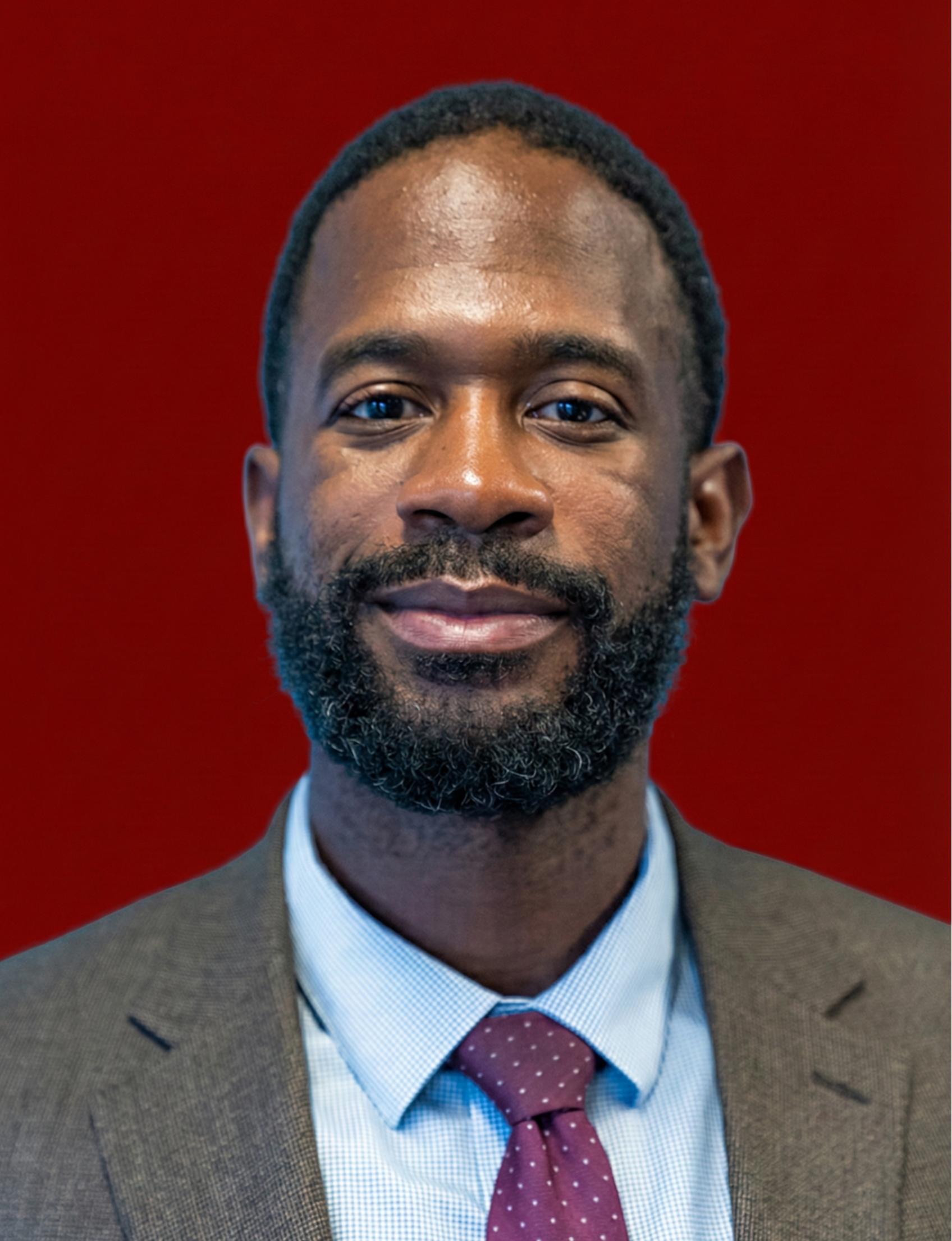 Professional portrait of a man with a beard, wearing a suit, dress shirt, and tie, standing against a red background.