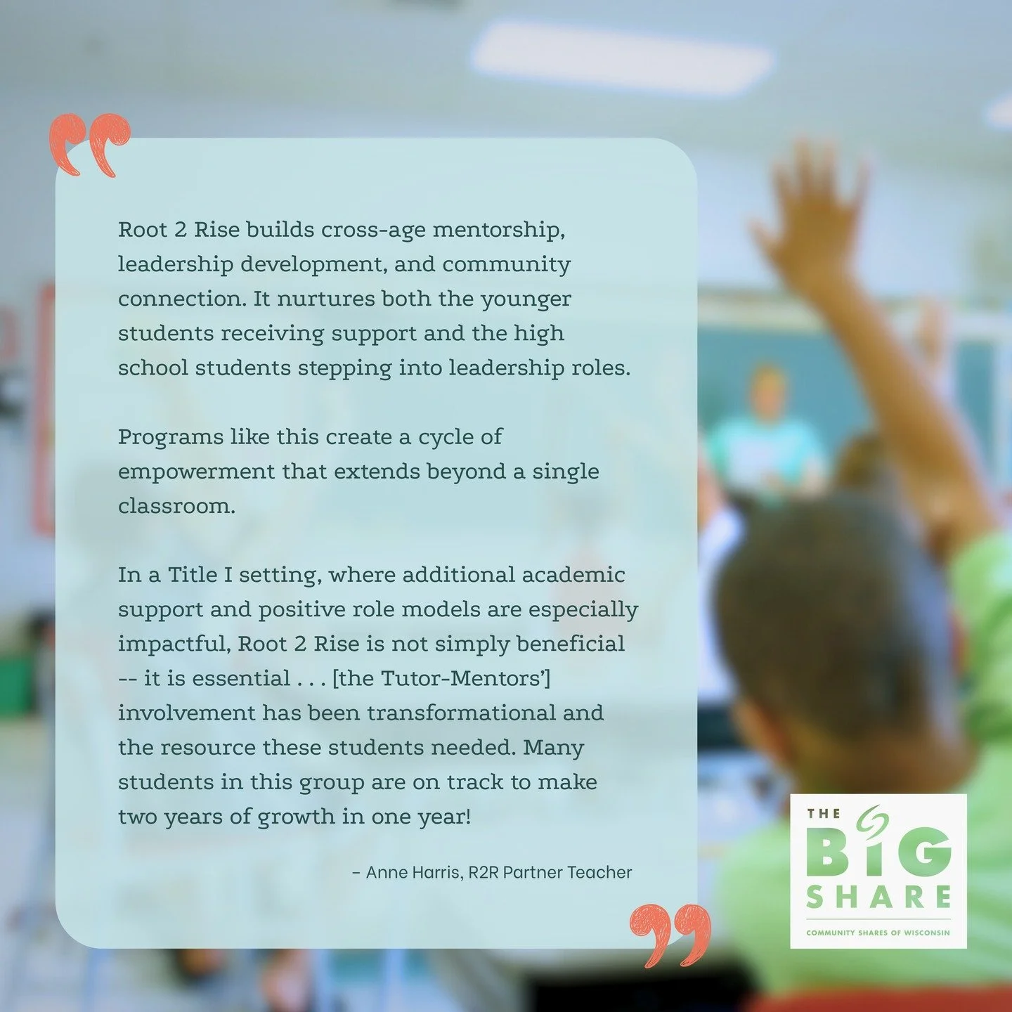 This Big Share, we&rsquo;re raising $11,250 to fund 15 Tutor-Mentors for the 2026 spring semester.

When you invest in one Tutor-Mentor, you&rsquo;re also supporting 20 elementary students and their teacher, amplifying learning, confidence, and engag