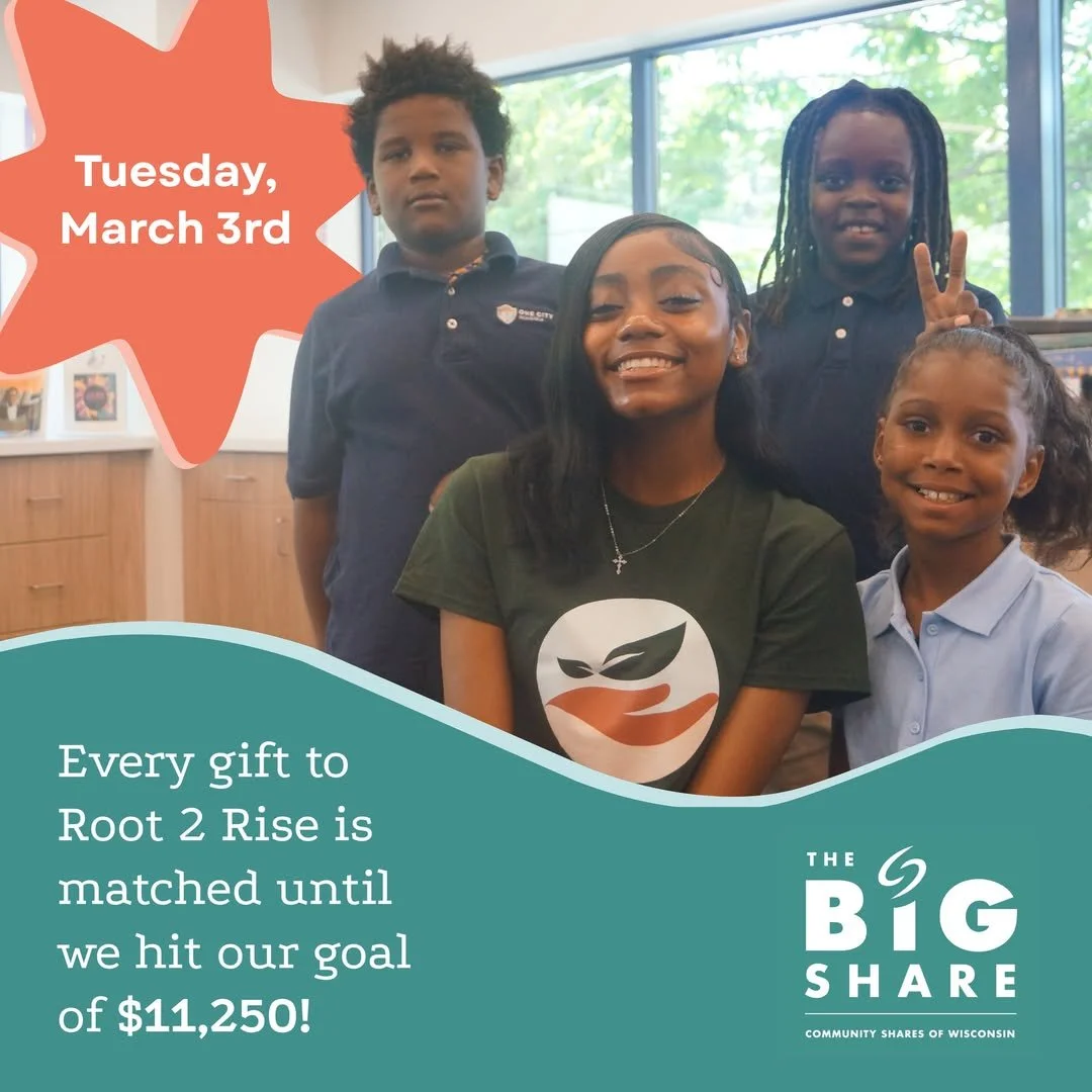 The Big Share, hosted by @commshareswi, is a day of generosity and community, when Wisconsin comes together to support nonprofits making a real difference. This year, Root 2 Rise is joining for the first time! 

To celebrate, a generous donor has ste