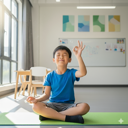 A boy sitting in a cross-legged yoga pose on a green mat during a kids activity yoga class, smiling in a bright classroom with large windows and developing from the enrichment activity in the Bay Area, Los Gatos, Saratoga, Campbell, or San Jose.
