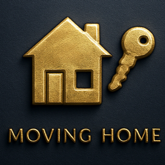 Gold house icon with a key and the text 'Moving Home' on a black background.