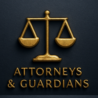 Gold scales of justice symbol above the words 'Attorneys & Guardians' on a dark background.