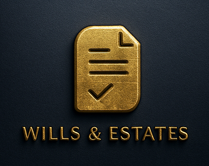 Gold-colored icon of a document with a checkmark on a dark background, with the text "Wills & Estates" below.