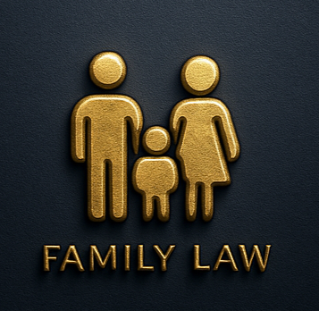 Gold icons of a man, woman, and child on a dark background with the words 'Family Law' beneath.