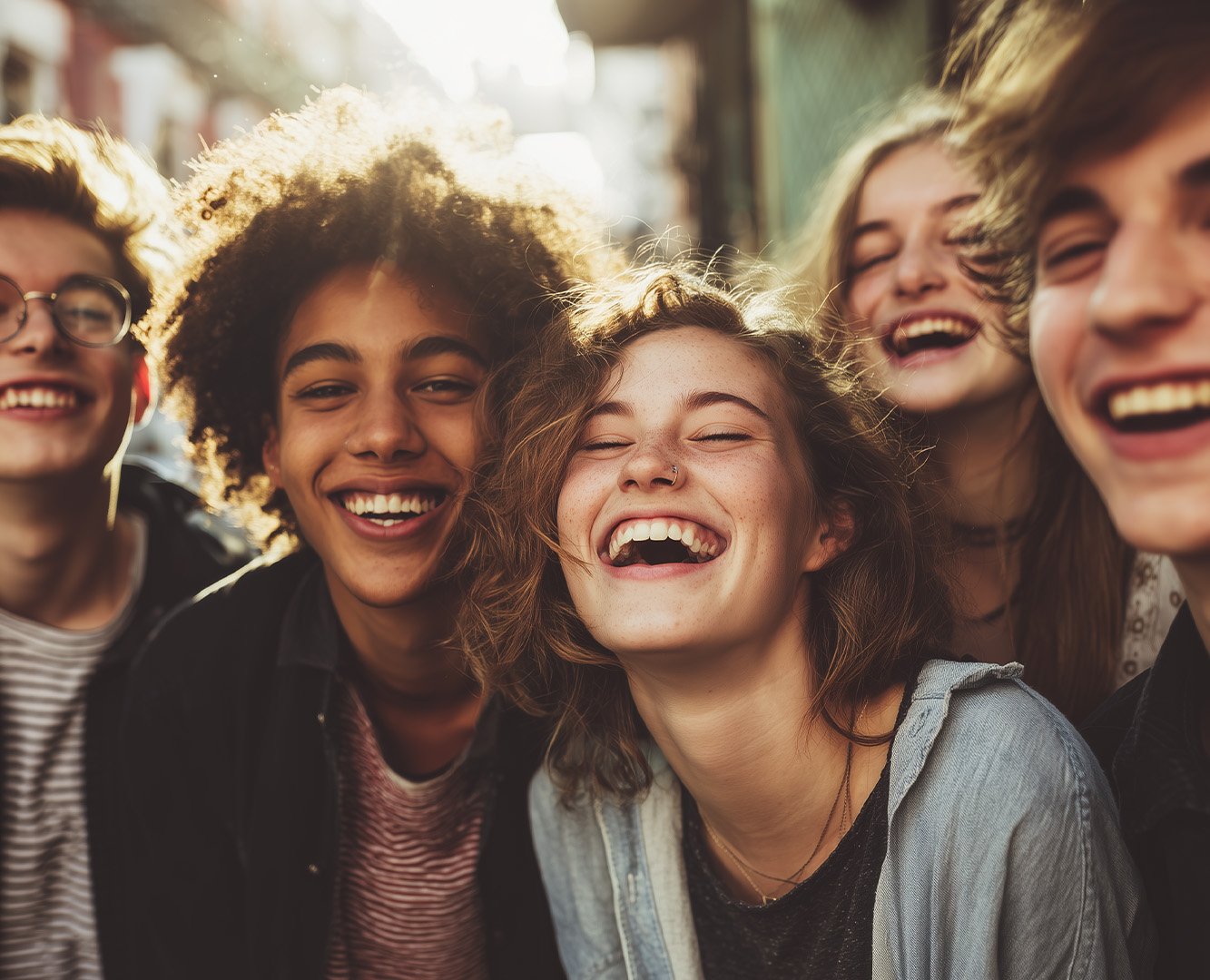 Group of five young friends smiling and laughing together outdoors on a sunny day.